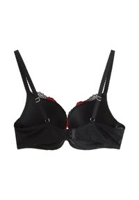 Reggiseno nero con dettagli in pizzo rosso, coppe imbottite, spalline regolabili, bordi ondulati e chiusura a gancio sul retro.