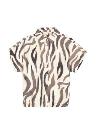 Kurzärmeliges Hemd aus leichtem Stoff mit cremefarbenem Grund und braunen Zebrastripes, mit kragenförmigem Ausschnitt und vorderer Knopfleiste.