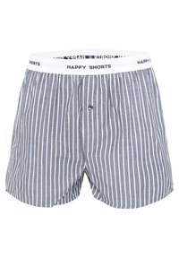 Boxer grigi e bianchi a righe con una cintura elastica bianca che presenta il testo "HAPPY SHORTS". Chiusura frontale con bottone e tessuto morbido.
