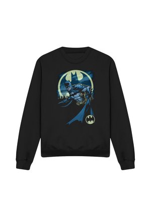 Black sweatshirt with a graphic of Batman in front of a glowing Bat-Signal and a city skyline background.