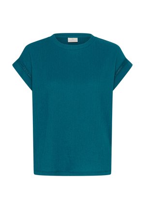 Haut en maille texturée à manches courtes couleur sarcelle avec encolure ronde et manches retroussées, présenté sur fond blanc uni.
