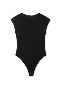 Body nero con maniche corte strutturate, scollo rotondo e chiusura a scatto sul fondo. Texture liscia con lieve effetto shimmer.