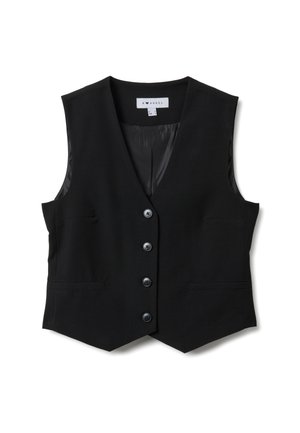 Gilet noir sans manches avec quatre boutons devant, col en V, deux poches avant et doublure intérieure lisse, taille petite.
