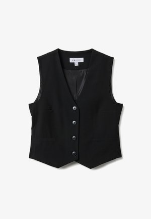 Zwarte mouwloze vest met vier knopen aan de voorkant, V-hals, twee voorzakken en een gladde binnenvoering, maat small.