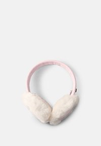 Orejeras esponjosas blancas con una diadema suave de color rosa, que presentan una textura lisa y cubiertas redondas y acolchadas para brindar calidez y comodidad.