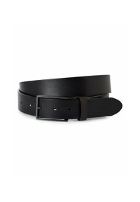 Black leather belt with a smooth finish, featuring a simple rectangular metal buckle, several adjustment holes, and a sleek design.