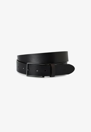 Black leather belt with a smooth finish, featuring a simple rectangular metal buckle, several adjustment holes, and a sleek design.