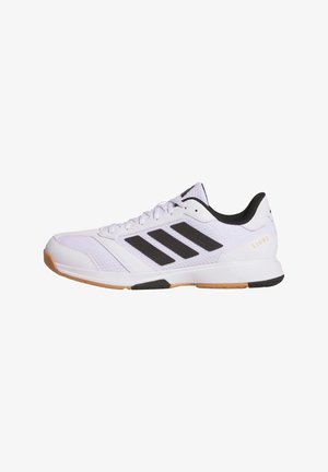 White athletic shoes with a mesh upper, featuring black accents and three signature stripes. Rubber sole with a gum-colored section.