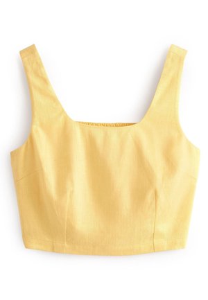 Żółty krótki top bez rękawów z szerokimi ramiączkami i kwadratowym dekoltem, wykonany z teksturowanej tkaniny.