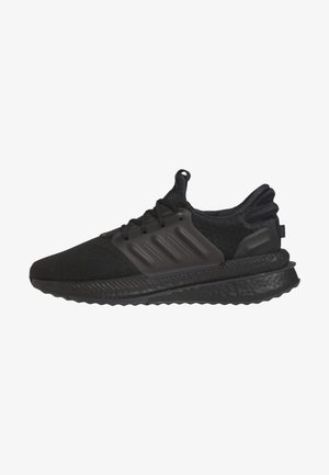 Scarpe sportive nere con una tomaia in tessuto testurizzato, suola in gomma e dettagli in plastica. Presentano una chiusura con lacci e un tallone imbottito.