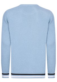 Hellblauer, gestrickter Pullover mit einem strukturierten Muster, rundem Ausschnitt und kontrastierenden schwarzen und weißen gestreiften Akzenten an den Bündchen und dem Saum.