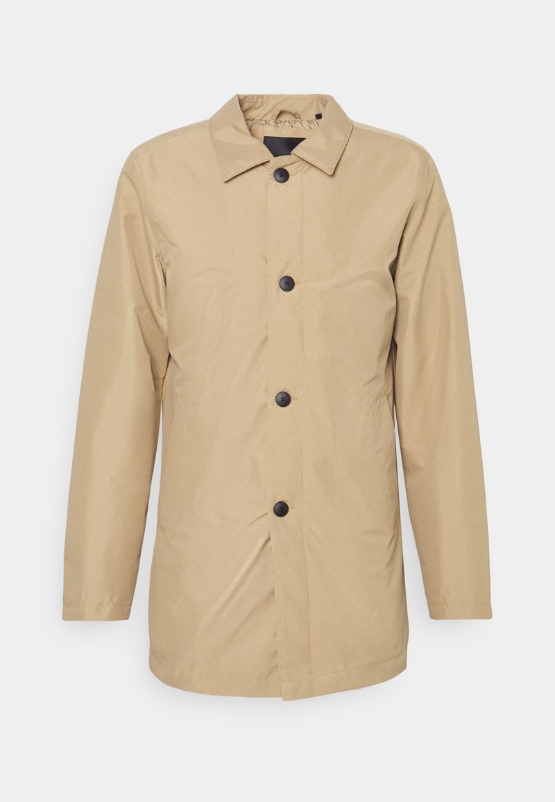 Beige outerwear jacket made of lightweight fabric, featuring a button-up front, pointed collar, and long sleeves with a relaxed fit.