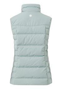 Lichtblauwe mouwloze puffer vest met horizontaal geborduurde stiksels en een staande kraag. Inclusief een klein wit logo op de achterkant.