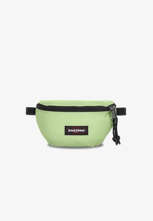 Sacchetto di tessuto verde con chiusura a zip, dotato di una cintura nera e un logo Eastpak ricamato. Texture liscia e forma arrotondata.