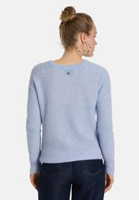 Helles blaues Strickpullover mit strukturiertem Finish, langen Ärmeln und Rundhalsausschnitt. Verfügt über ein kleines Knopfdetail auf der Rückseite.