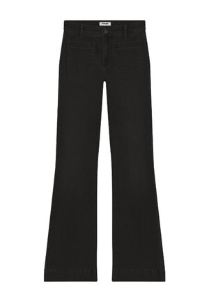 Jean flare noir taille haute avec poches plaquées à l'avant et passants de ceinture, étiquette de la marque Wrangler sur la ceinture.