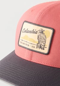 Δίχρωμο καπέλο με ροζ κορυφή, γκρι γείσο και ένα σήμα που δείχνει ένα πουλί που φοράει καπέλο, βουνά, ήλιο και το κείμενο "Columbia Portland Oregon 1938."