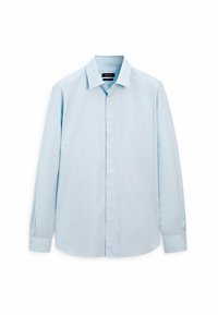 Camicia azzurro chiaro a maniche lunghe con colletto classico, realizzata in tessuto liscio, con una fila di bottoni sul davanti.