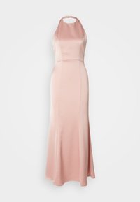 Light pink satin evening gown with a halter neck, fitted bodice, and flowing skirt. The fabric is smooth with a subtle sheen.