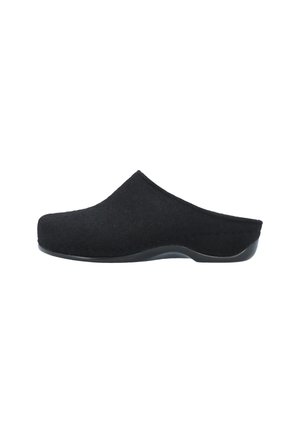 Schwarzer Slip-on-Clog mit abgerundeter Spitze, geschlossenem Obermaterial und leicht erhöhter Gummisohle und Absatz.