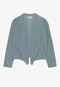 Ljus teal kardigan i mjukt, texturerat tyg med draperad front. Har långa ärmar och en öppen frontdesign.