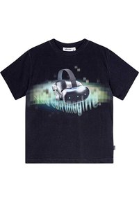Sort bomulds t-shirt med et grafisk motiv af et VR-headset og teksten "Du kan forestille dig" med en digital sløringseffekt. Korte ærmer, rund hals.