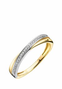 Fede nuziale in oro e argento con un design intrecciato, caratterizzata da una fila di piccoli diamanti rotondi lungo un bordo. Finitura lucida.