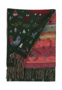 Écharpe pliée verte et rouge avec des motifs de Noël comprenant des sapins, des oiseaux, des cadeaux et des flocons de neige sur un tissu en laine.