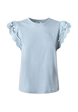 Hele sinise puuvillase T-särk lühikeste varrukatega, millel on keeruline pitsäär ja lainelised servad, ümar kaelus ja vaba lõige.
