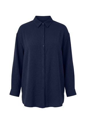 Marineblå skjorte med lange ærmer, knaplukning, spids krave og manchetter med knapper, vist på en ensfarvet hvid baggrund.