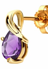 Auksinės auskarai su ašaros formos violetiniu akmeniu, dekoruoti sukimosi dizainu, kuris elegantiškai rėmina akmenį.