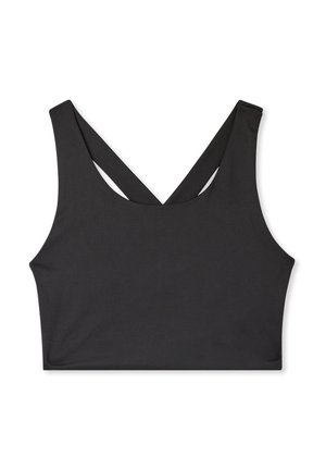 Top sportivo cropped nero con una texture liscia, caratterizzato da un design a incrocio sulla schiena e spalline larghe. Stile semplice e minimalista senza elementi metallici.