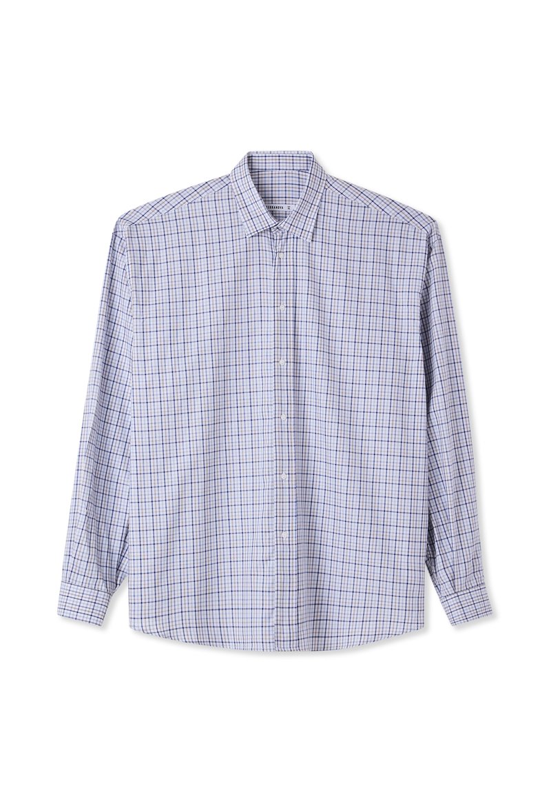 Camicia a maniche lunghe con bottoni in un motivo a quadri blu chiaro e bianco. Realizzata in cotone, con colletto standard e orlo arrotondato.