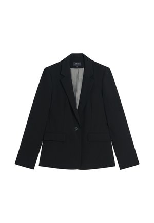 Blazer nero con revers e chiusura a un bottone. Presenta due tasche frontali e una fodera grigia liscia. Vestibilità su misura con spalle strutturate.