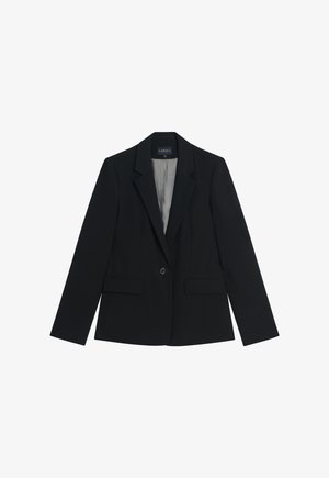 Blazer nero con revers e chiusura a un bottone. Presenta due tasche frontali e una fodera grigia liscia. Vestibilità su misura con spalle strutturate.