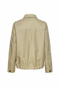 Beige jakke i linnedblanding med krave, elastisk talje og knapmanchetter. Simpel, glat tekstur uden synlige mønstre.