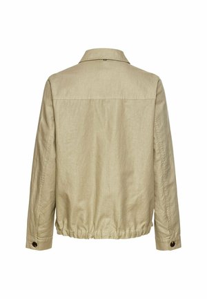 Beige, Mischgewebe-Jacke mit Kragen, elastischem Bund und Knopfmanschetten. Schlichte, glatte Textur ohne sichtbare Muster.
