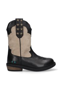 Stivale da cowboy in pelle nera con albero in suede taupe, con stelle decorative, cuciture ornamentali e tacco basso impilato.
