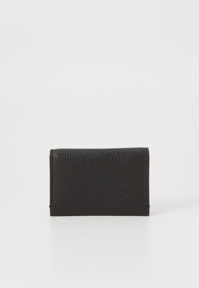 Black leather cardholder with a textured surface, featuring a vertical design and stitched edges. Compact and practical shape.