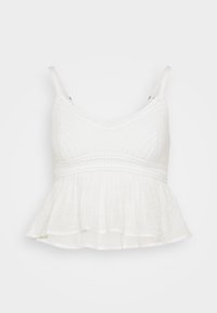 Bílý bezrukávový krátký top s tenkými ramínky, texturovaným pleteným tělem a volánkovým poloprůhledným lemem.