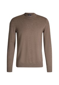 Brązowy sweter z okrągłym dekoltem, wykonany z miękkiego materiału, posiada długie rękawy oraz ściągacze na rękawach i u dołu, o gładkiej fakturze i minimalnych detalach.