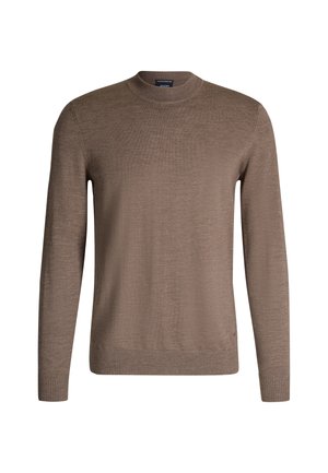 Brauner Pullover mit Rundhalsauschnitt aus weichem Material, mit langen Ärmeln sowie gerippten Bündchen und Saum, glatter Textur und minimalen Details.