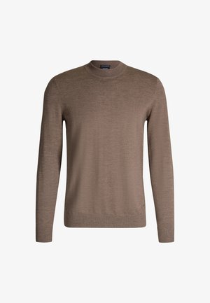 Pull marron à col rond fabriqué en matériau doux, présentant des manches longues et des poignets et ourlet côtelés, avec une texture lisse et des détails minimaux.