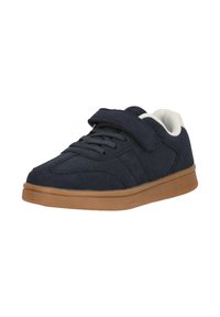 Mörkblå sneakers i mocka med gummisula. Har en kardborreband och snörning på framsidan, texturerade detaljer och vit foder.