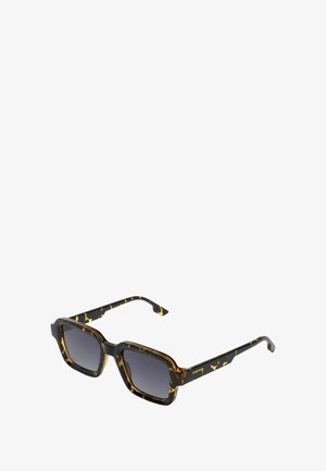 Schildpad zonnebril met vierkante monturen, gradient grijze lenzen en een glanzende afwerking. Heeft zichtbare branding op de tempel.