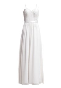 Robe blanche avec un corsage ajusté et un design plissé ; dotée de fines bretelles et d'une jupe fluide. Tissu doux avec une texture lisse.