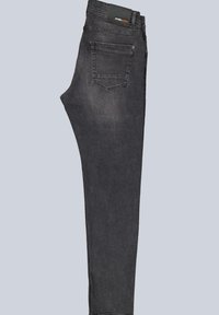 Schwarze Denim-Jeans mit schmaler Passform, ausgestattet mit einem klassischen Fünf-Taschen-Design, sichtbaren Nähten und einem Etikett am Bund.