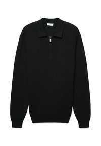 Schwarzer Pullover mit langen Ärmeln und einem Viertel-Reißverschluss, geripptem Textur und spitzem Kragen. Mit enganliegenden Bündchen und geradem Saum.