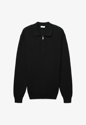 Maglione nero a maniche lunghe con zip a un quarto, texture a coste e colletto a punta. Presenta polsini aderenti e orlo dritto.