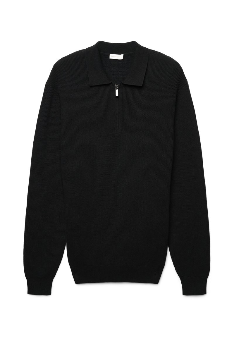 Schwarzer Pullover mit langen Ärmeln und einem Viertel-Reißverschluss, geripptem Textur und spitzem Kragen. Mit enganliegenden Bündchen und geradem Saum.
